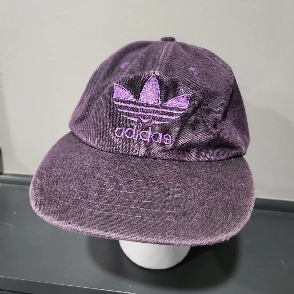 VTG 80s Adidas Trefoil‎ Purple Canvas Spellout 1980s Hat Cap OSFA One Size